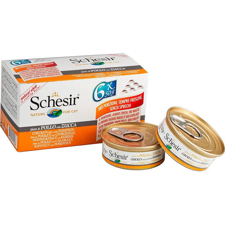 Schesir Cat Natural Huhn mit Kürbis, Katzen-Nassfutter für übergewichtige Katzen, Multipack 6x50g