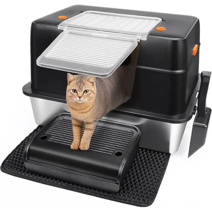 Vivifying XL Katzenklo Edelstahl mit Deckel, geruchsresistent, leicht zu reinigen, rostfreier Stahl mit Trittschutz, Schaufel und Matte (Schwarz)