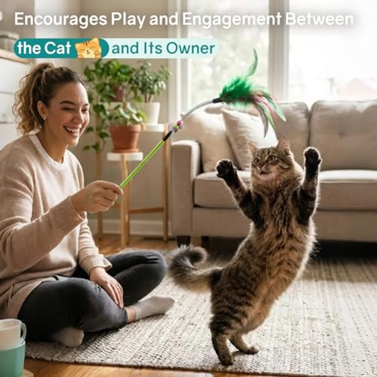 GingerUPer Katzenspielzeug Set, Interaktive Katzenangel mit Feder und Spielbällen für kleine und große Katzen, rot – Bild 5