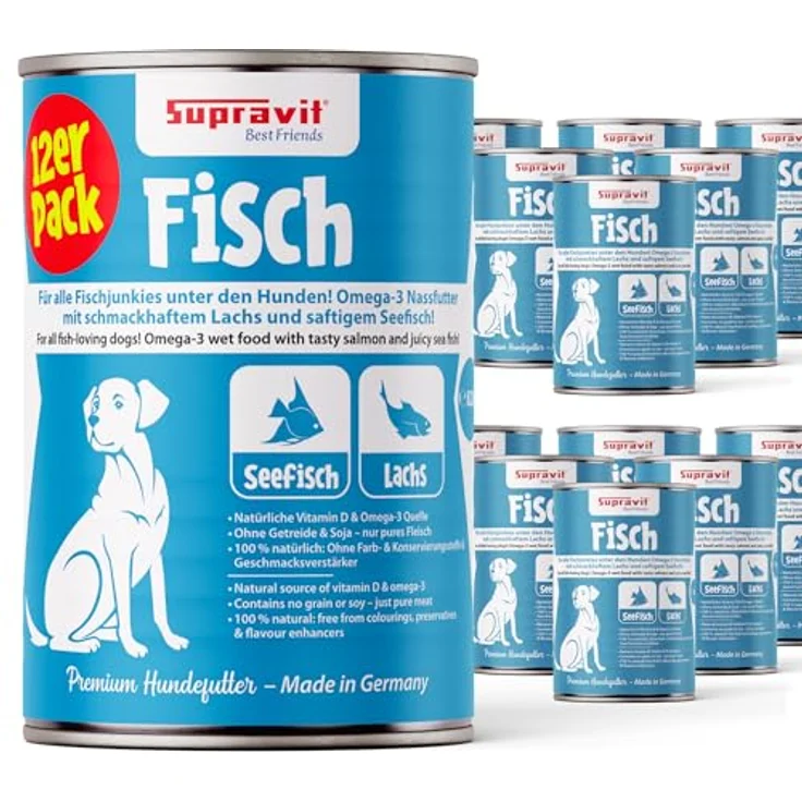 Supravit Nassfutter für Hunde, getreidefrei & ohne Soja, mit Fisch & Lachs, 12 x 410g Dosen – Bild 1