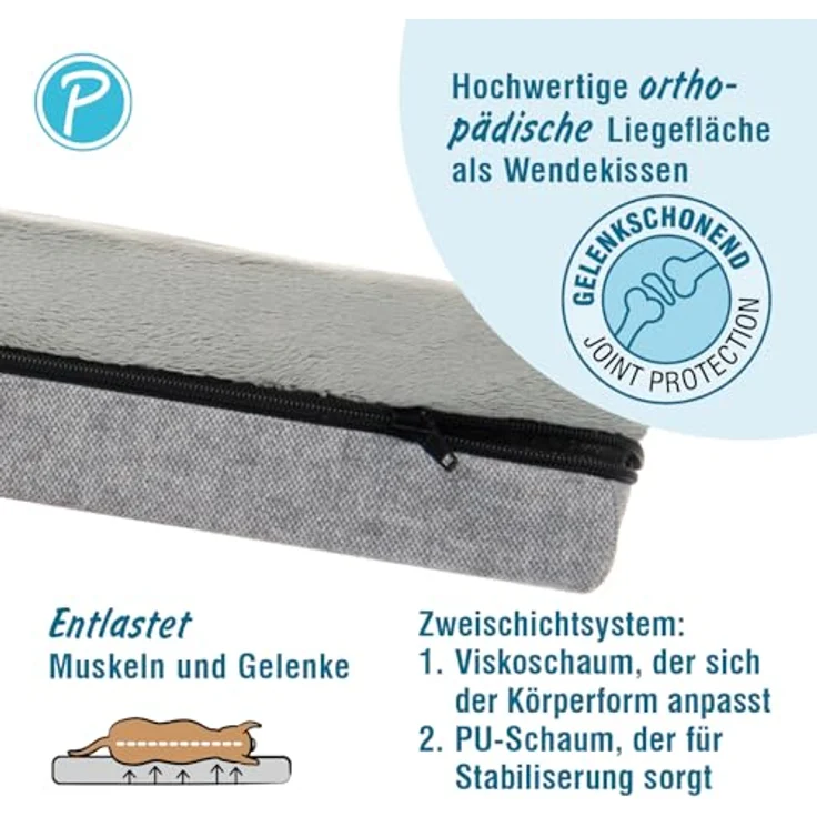Petlando Hunde-Bett Lima Ortho, orthopädisches Hundebett in Stone, Druckentlastung, abnehmbarer Bezug, waschbar bei 30 °C, Wendekissen mit Fellimitat – Bild 4