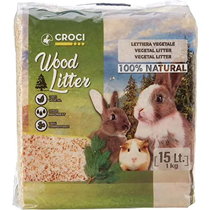 Croci Wood Litter, pflanzliche Streu für Nagetiere, 15 l, 1 kg, kompostierbar, super saugfähig, geruchshemmend – Bild 1