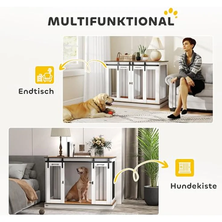 PawHut Hundekäfig Möbel mit Zweiraum-Option, moderne Metall Hundebox für große Hunde bis 30 kg, 2 Türen, Weiß, 120 x 60 x 88,5 cm – Bild 3