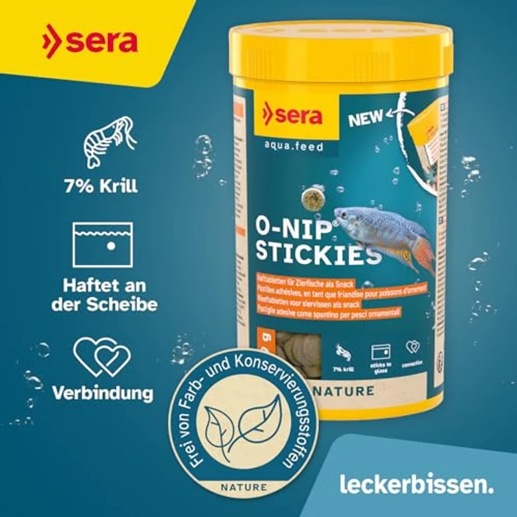 sera O-Nip Stickies 250 ml (169 g), haftende Leckerbissen-Tabs für Zierfische mit Mückenlarven, Tubifex & 7% Krill, ohne Farb- & Konservierungsstoffe, wasserfreundlich, zur Beobachtung am Aquarienglas – Bild 2