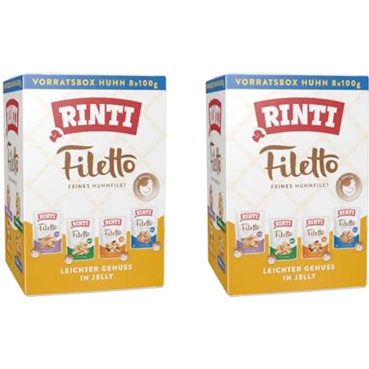 Rinti Filetto Multibox Doppelpack, 16 x 100g fettarmes Ergänzungsfutter für Hunde mit Huhn, Schinken, Herz, Gemüse & Ente, reich an Filetstücken, leicht verdaulich – Bild 1