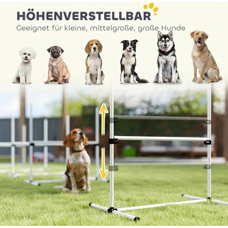 PawHut Agility Hürdenset, Hunde Training Set mit 4 Höhenverstellbaren Hürden aus Kunststoff, Weiß, 95x65x95cm, stabil und transportabel mit Tragetasche – Bild 3