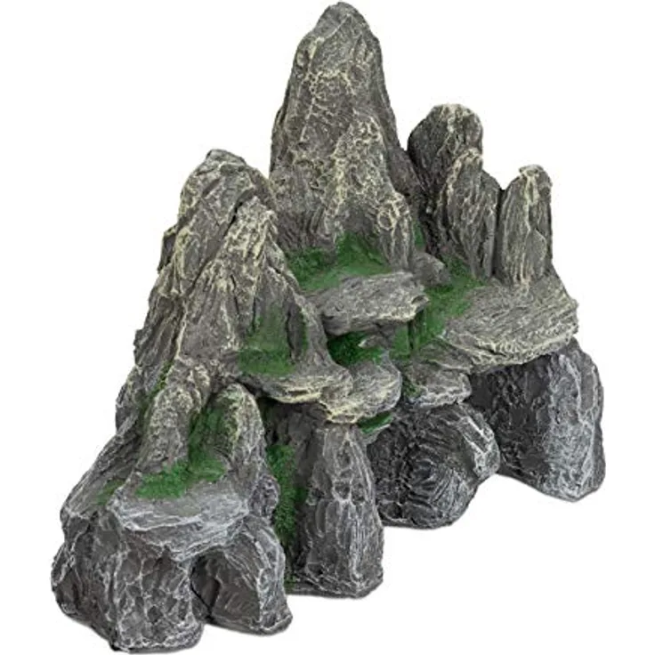 relaxdays Aquariendeko Fels mit Höhlen, grau-grün, 3D-Optik für Süß- und Salzwasseraquarien, H 21 cm