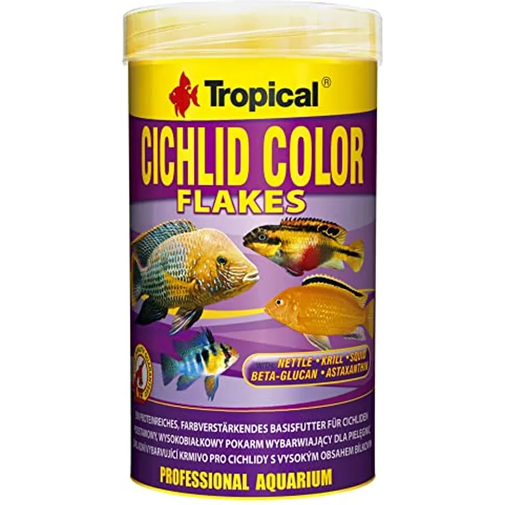 Tropical Cichlid Color, Proteinreiches Flockenfutter für Cichliden, 250 ml mit natürlichen Carotinoiden