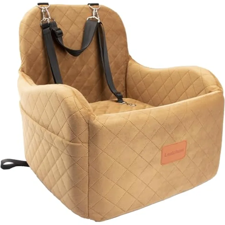 Lealchum Hunde-Autositz für kleine/mittelgroße Hunde, tragbarer Welpensitz mit erhöhtem Kissen, abnehmbar und waschbar, mit Aufbewahrungstaschen (Coffee, Medium)