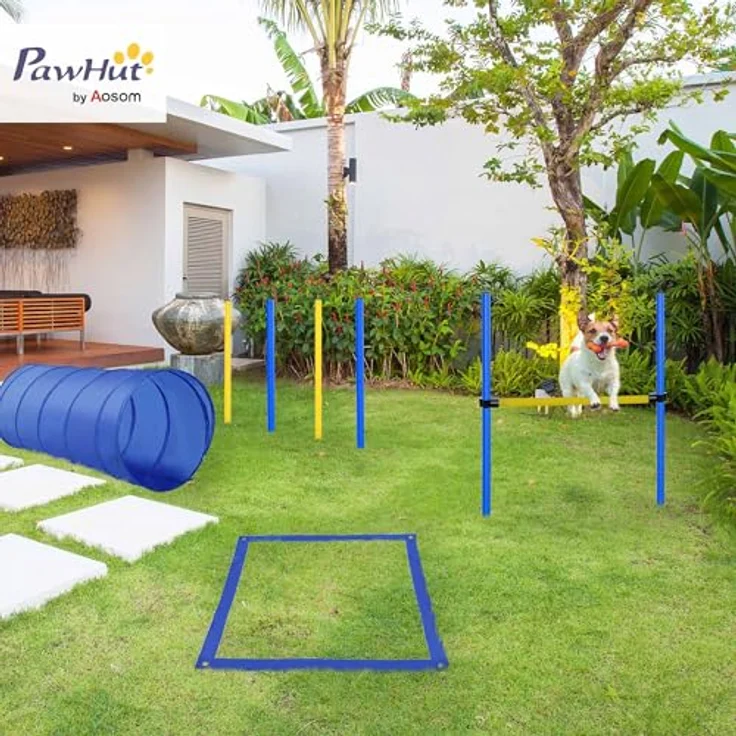PawHut Agility Set Hunde, 5-teiliges Steckhürdenset mit höhenverstellbaren Hürden, Tunnel und Slalomstangen für Hundetraining und Spiele, Tragetasche inklusive – Bild 2