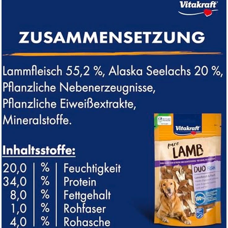 Vitakraft Pure Lamb Duo Fish, Hundeleckerli mit Lammfleisch und Alaska Seelachs, ohne Zuckerzusatz, 8x80g – Bild 4