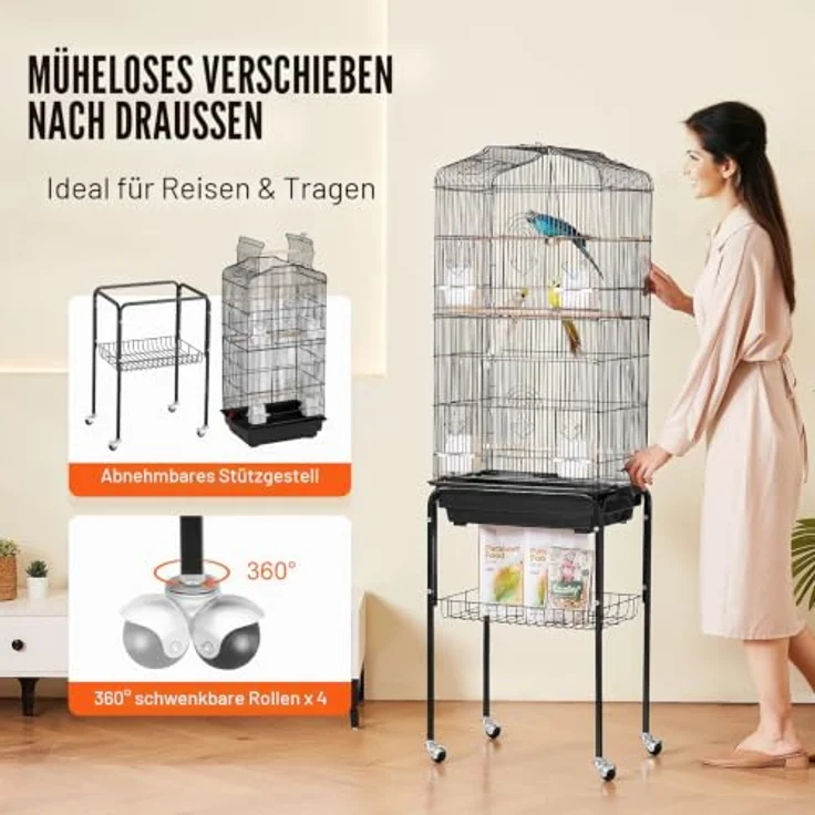 VEVOR Vogelkäfig 45,7x35,5x151cm, Vogelvoliere mit offener Oberseite, 4 Sitzstangen und rollbarem Ständer, herausnehmbares Tablett, für Wellensittiche und Papageien – Bild 5