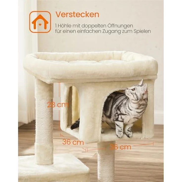 Feandrea Kratzbaum PCT61M, 84 cm Katzenbaum für große Katzen bis 7 kg, große Plattform, 2 Katzenhöhlen, Sisalstämme, beige – Bild 4