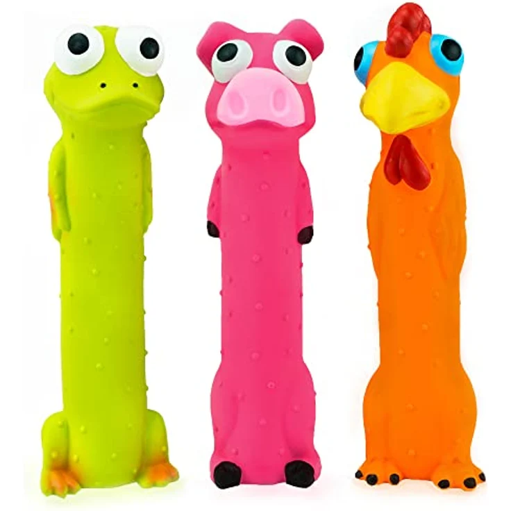 Chiwava 3 Stück Latex-Hundespielzeuge mit Quietscher, 9 Zoll, interaktive Kaugeräusche, sortierte Farben – Schwein, Huhn, Frosch – Bild 2