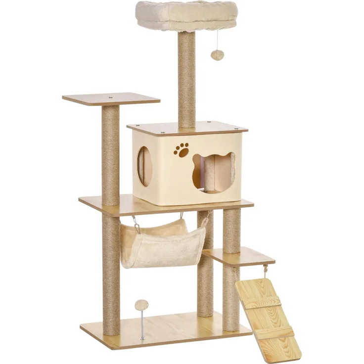 Northio Kratzbaum Katzenbaum, Kletterbaum mit Katzenhöhle, Jutestämme, Spielbälle, Gelb, 60x40x130cm