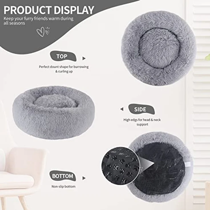 BVAGSS Rundes Hundebett & Katzenbett, Flauschig Donut aus ultraweichem Plüsch, Waschbar, 40 cm Durchmesser, Lichtgrau – Bild 3