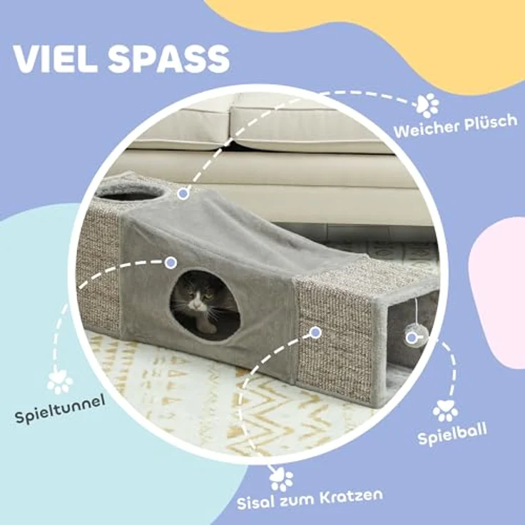 PawHut Katzentunnel Faltbar, Rascheltunnel mit hängendem Ball, Katzenspielzeug und Katzenhöhle, 98 x 30 cm, Braun+Grau – Bild 4