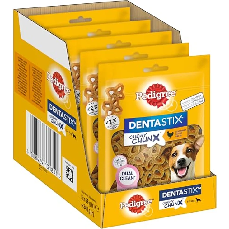 Pedigree Dentastix Chewy Chunx, Zahnpflegesnacks für kleine Hunde (5-15 kg) mit Huhn, 5 Packungen (5 x 68 g), zuckerfrei und ohne künstliche Farb- oder Aromastoffe – Bild 1