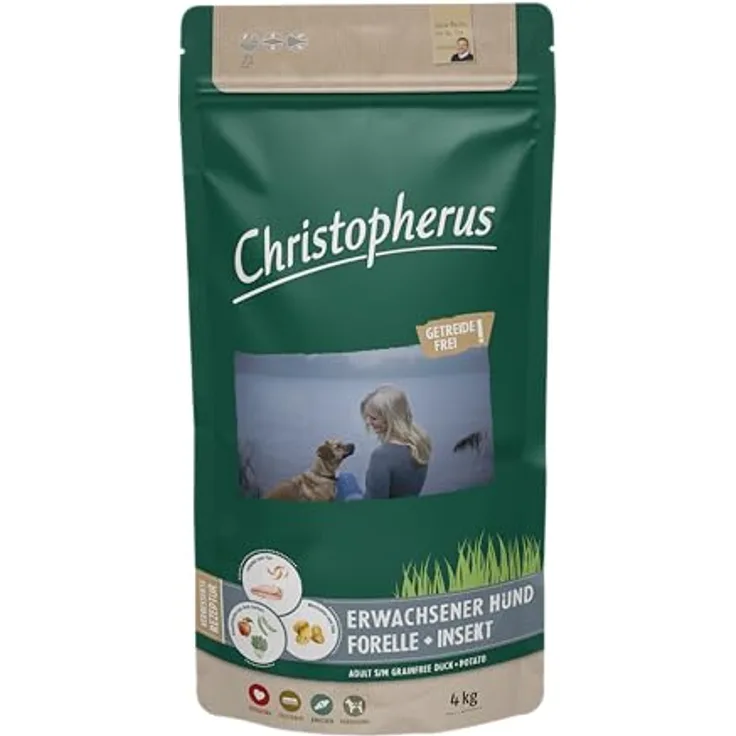 Christopherus Getreidefrei Forelle & Insekt, Hunde-Trockenfutter, 4kg, nachhaltig und bequem zu reinigen