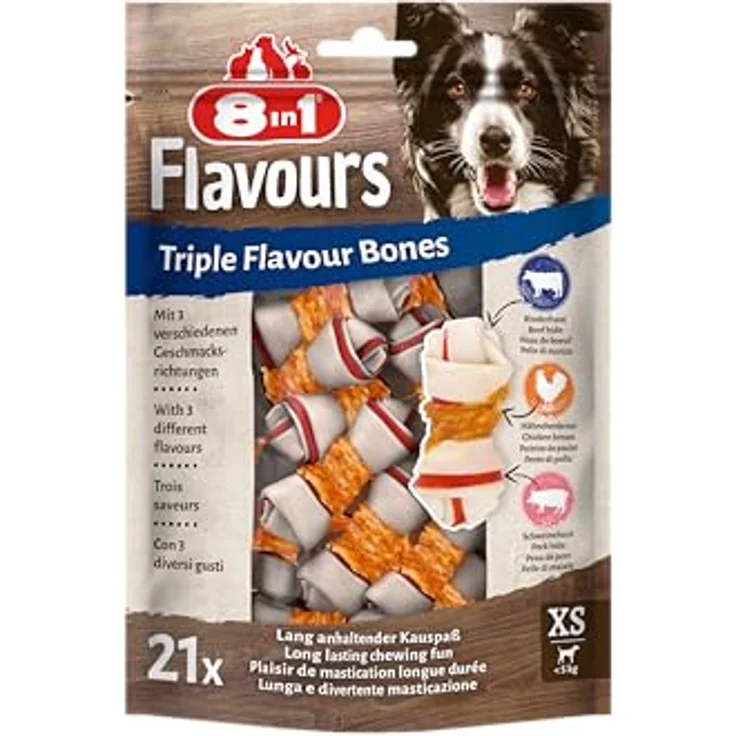 8in1 Triple Flavour Knochen XS, Hundeknochen mit Hähnchenfilet, Schweine- und Rinderhaut, 21 Stück, proteinreich und fettarm – Bild 1