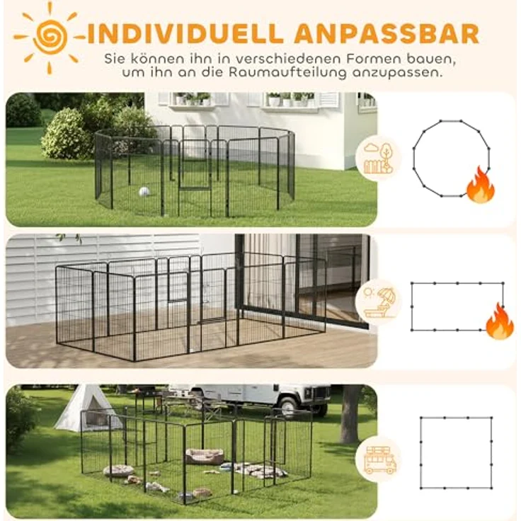 PawHut Welpenlaufstall Faltbar, 12-Teiliges, modulares Gehege für Mittlere Hunde, 100 cm, grau, inklusive Sicherheits-Türen und Erdspießen – Bild 3