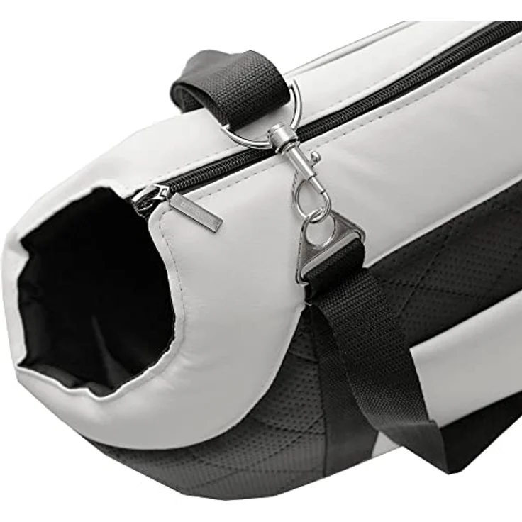 BOUTIQUE ZOO Transporttasche für Hunde und Katzen, Schultertasche bis 10 kg, M, Schwarz und Weiß, Kunstleder, mit Gummiband und Karabiner – Bild 5