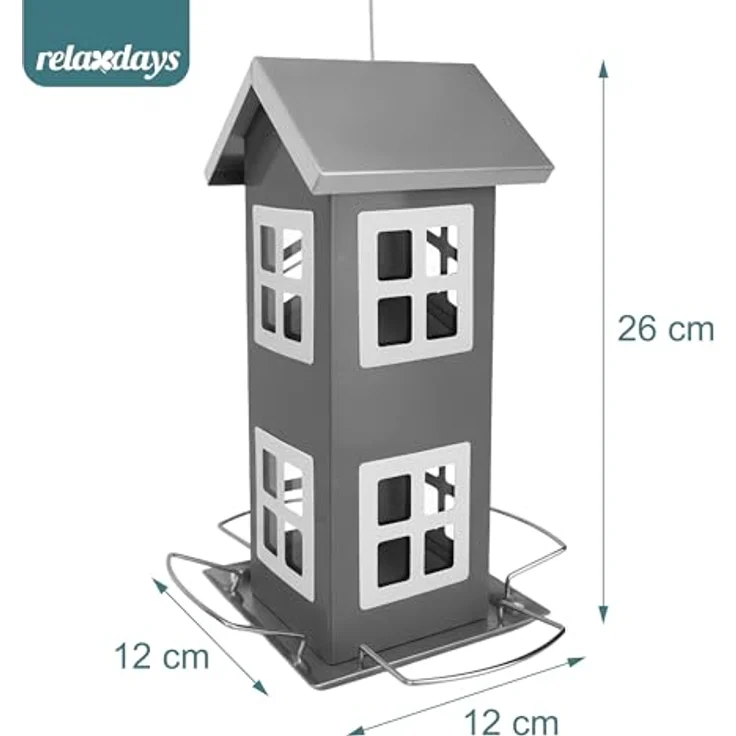 Relaxdays Vogelhaus, Metall, grau, zum Aufhängen mit 2 Etagen, HxBxT: 26 x 12 x 12 cm, Futterstation für Garten und Balkon – Bild 4