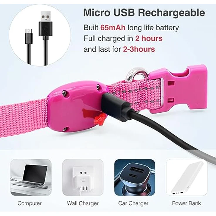 YFbrite LED-Welpenhalsband XS, verstellbares, reflektierendes und wasserdichtes Leuchthalsband in Rosa, für Hunde und Katzen – Bild 5