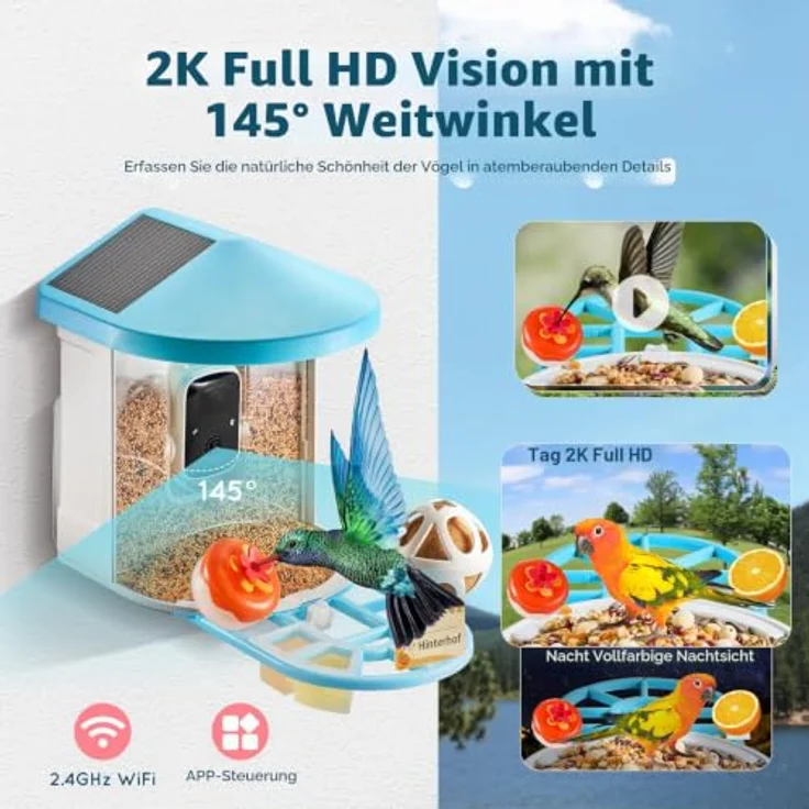 VEVOR Vogelfutterhaus mit 2K HD Kamera, KI Vogelerkennung für über 10.000 Vogelarten, solarbetrieben mit automatischer Aufnahme und Benachrichtigung, 2 Solarmodule – Bild 3