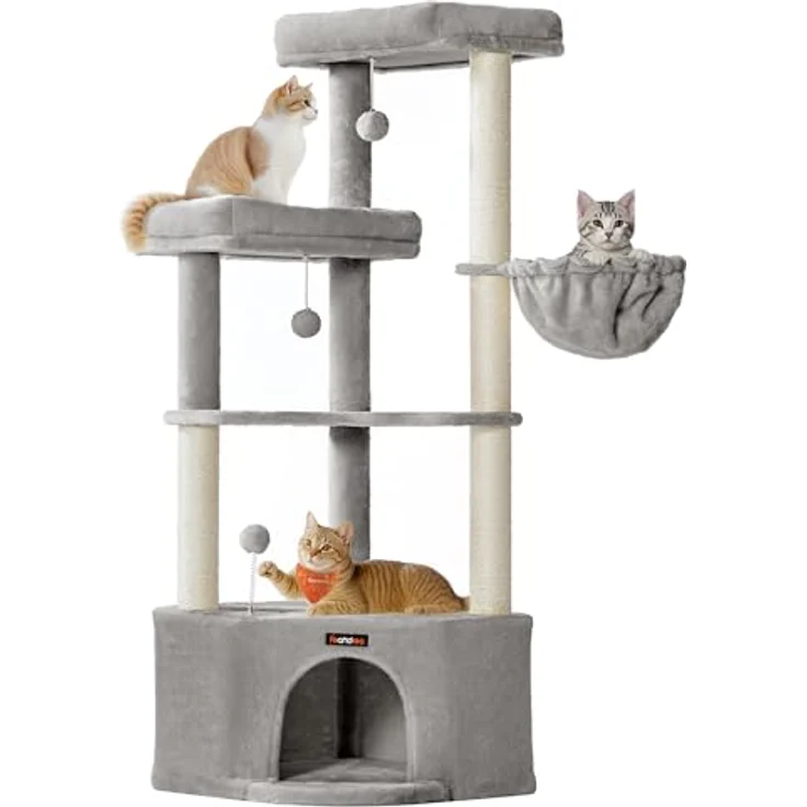 Feandrea Kratzbaum, Katzenbaum, 48,5 x 48,5 x 140,7 cm, Katzenkratzbaum mit großer Kuschelhöhle, großen Plattformen, Plüschbällen, Liegemulde, Taubengrau – Bild 2