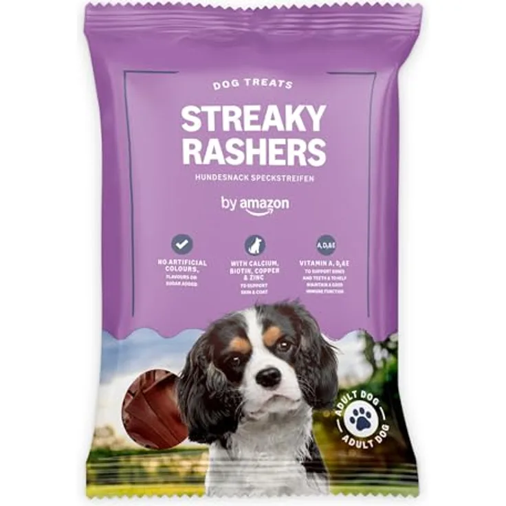 by Amazon Streaky Rashers Hundesnack, 85g, ohne künstliche Zusatzstoffe, mit Biotin, Zink und Omega 3 für gesunde Haut und Fell