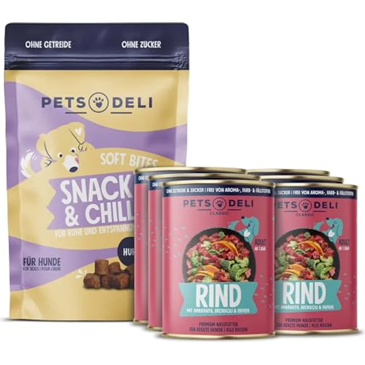 Pets Deli Bundle für Hunde, Nassfutter mit Rind und Snack & Chill Snacks, 2700g - Hochwertiges Rindfleisch, Vitamine und stressabbauende Zutaten – Bild 1