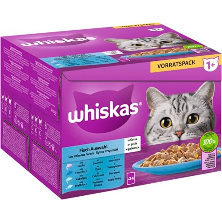 Whiskas Multipack 1+ Fisch Auswahl in Gelee, Katzenfutter, 24 x 85g – Bild 1