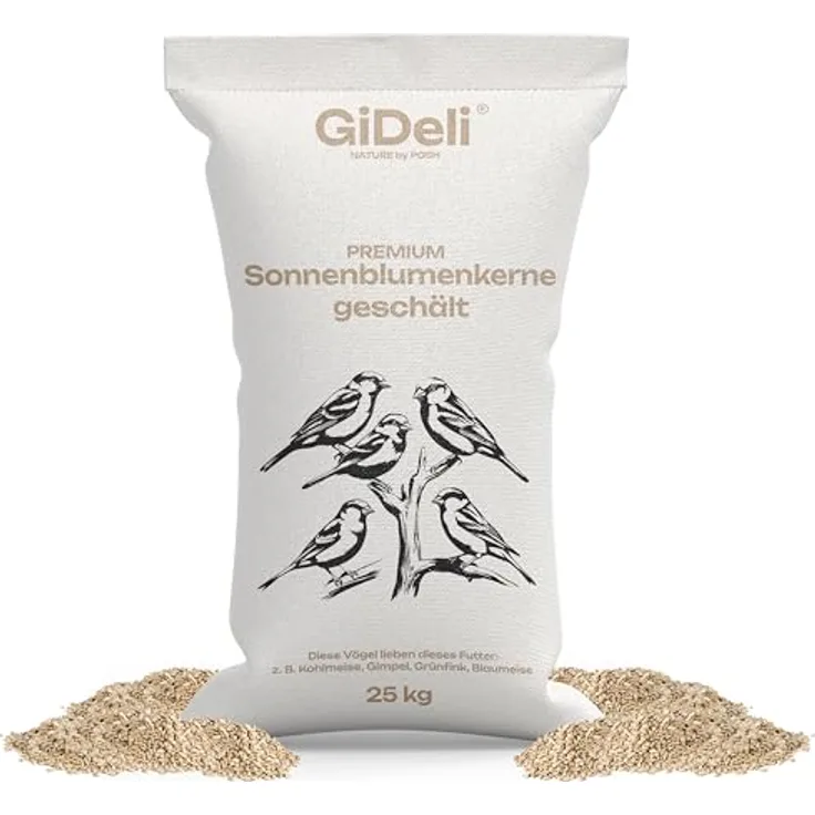 GiDeli Sonnenblumenkerne, Geschält 25kg Vogelfutter für Garten- und Wildvögel, hochwertiges Streufutter für ganzjährige Fütterung, energiespendend und ohne Schale