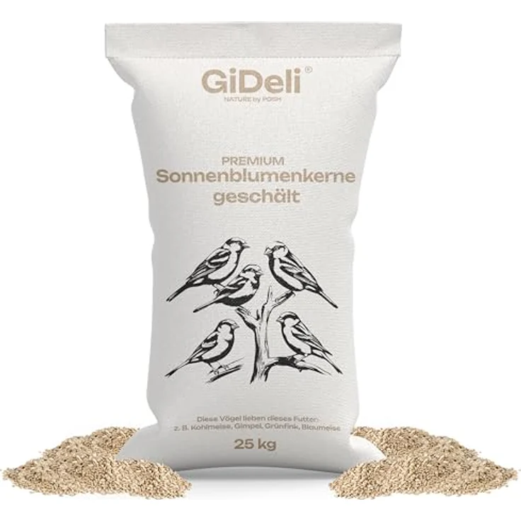 GiDeli Sonnenblumenkerne, Geschält 25kg Vogelfutter für Garten- und Wildvögel, hochwertiges Streufutter für ganzjährige Fütterung, energiespendend und ohne Schale – Bild 1