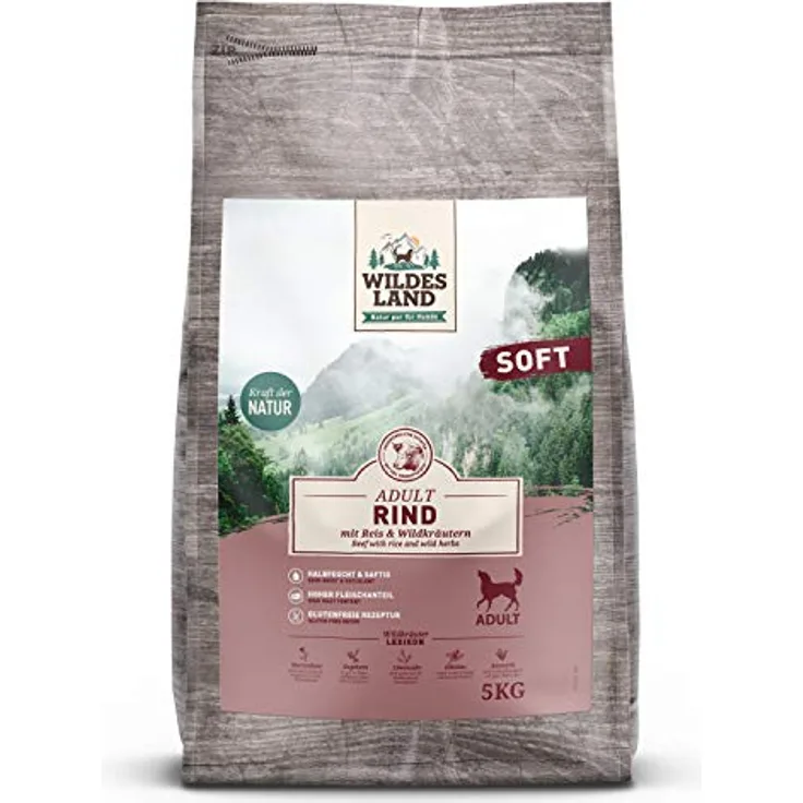 Wildes Land Halbfeuchtes Trockenfutter für Hunde - Rind - 5 kg - Glutenfrei, mit Reis und Wildkräutern, Extra viel Fleisch, für alle Hunderassen - Beste Akzeptanz