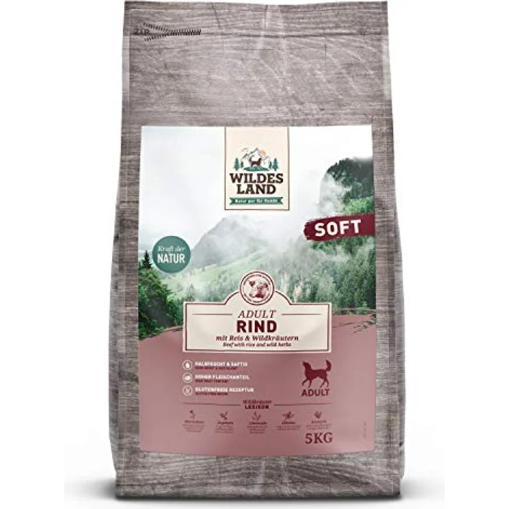 Wildes Land Halbfeuchtes Trockenfutter für Hunde - Rind - 5 kg - Glutenfrei, mit Reis und Wildkräutern, Extra viel Fleisch, für alle Hunderassen - Beste Akzeptanz – Bild 1