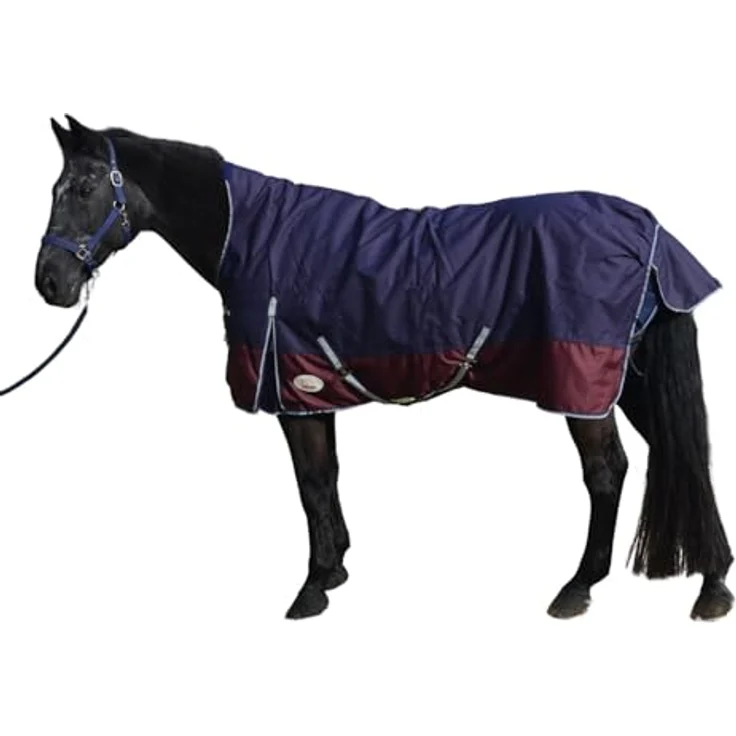 AMKA Pferde Weideoutdoordecke HIGH Neck 1200D, 50 g Füllung, wasserdicht und atmungsaktiv, dunkelblau/weinrot, mit Kreuzgurten und Schweiflatz – Bild 1
