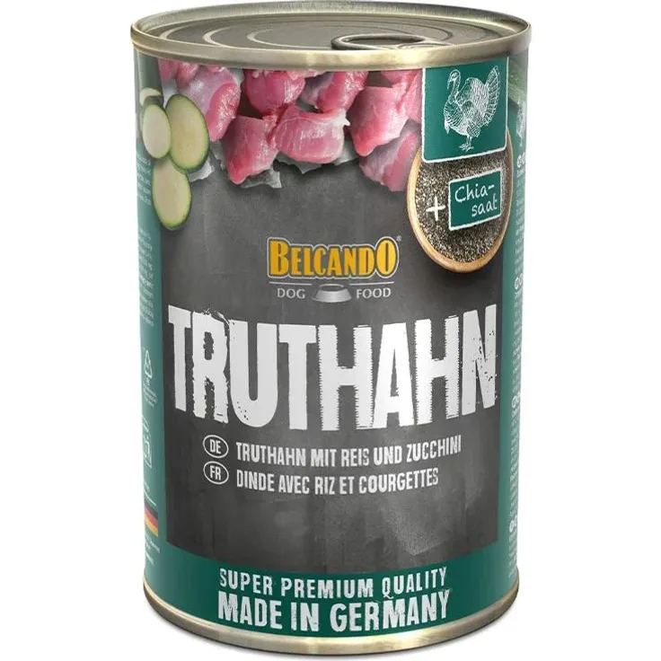 Belcando Truthahn mit Reis und Zucchini, 12x 400 g, hochwertiges Hunde-Nassfutter ohne künstliche Zusatzstoffe, hergestellt in Deutschland