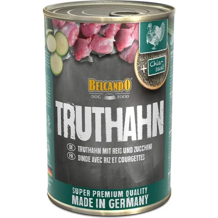 Belcando Truthahn mit Reis und Zucchini, 12x 400 g, hochwertiges Hunde-Nassfutter ohne künstliche Zusatzstoffe, hergestellt in Deutschland
