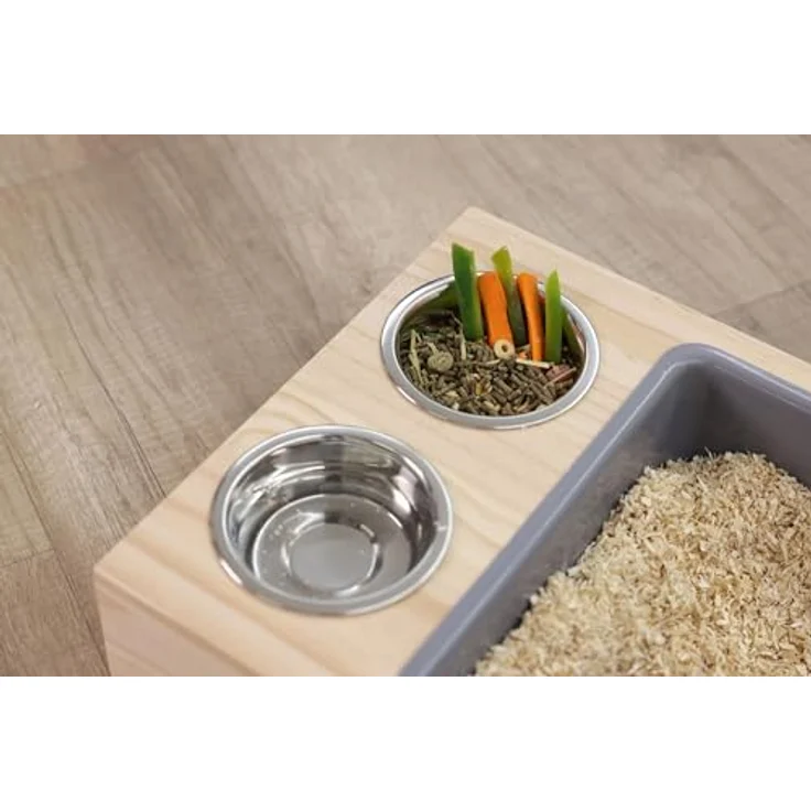Kerbl Pet Buddel- und Futterstation, Kiefernholz, 70x36x24cm, Fressstation mit 2 Edelstahl-Näpfen für Nager, für Innen- und Außenbereich – Bild 5