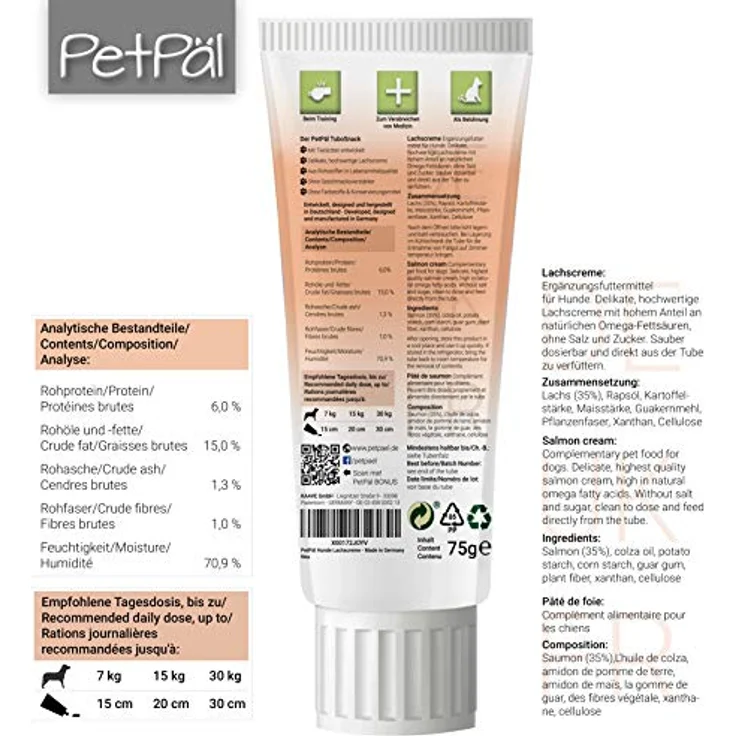 PetPäl Hunde Lachscreme “TuboSnack“, Premium Leckerli aus der Tube, ohne Getreide, Salz, Zucker, 75g, ideal für Welpen, reich an Omega-Fettsäuren, Made in Germany – Bild 3
