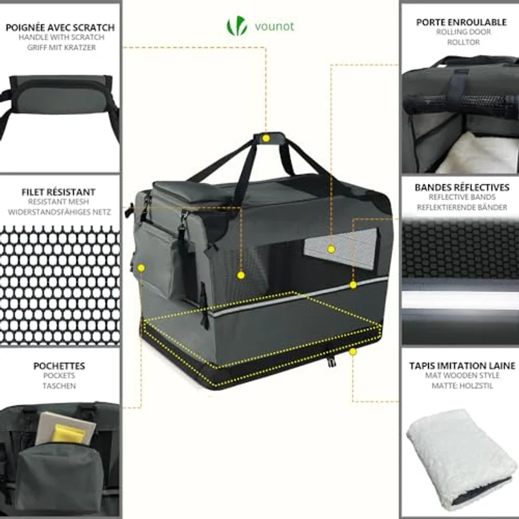VOUNOT Faltbare Hundebox, Transportbox für Katzen und Hunde, Atmungsaktive Hundetasche aus Oxford-Gewebe, Metallrahmen, 70x52x52cm, Grau – Bild 5