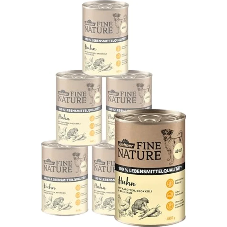 Dehner Fine Nature Hundefutter, Nassfutter in Lebensmittelqualität, für ausgewachsene Hunde, Huhn mit Gemüse, 6 x 400 g Dose (2.4 kg) – Bild 1