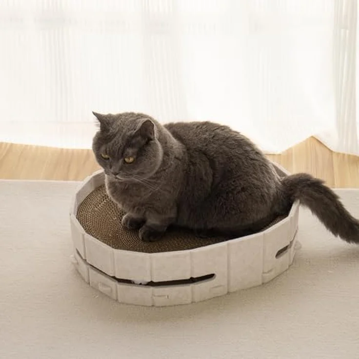 Lyveo Katzenbett mit Kratzbrett & Spielball, 3-in-1 Katzenzubehör für Selbstbeschäftigung, Beige, 43×34×11 cm – Bild 5