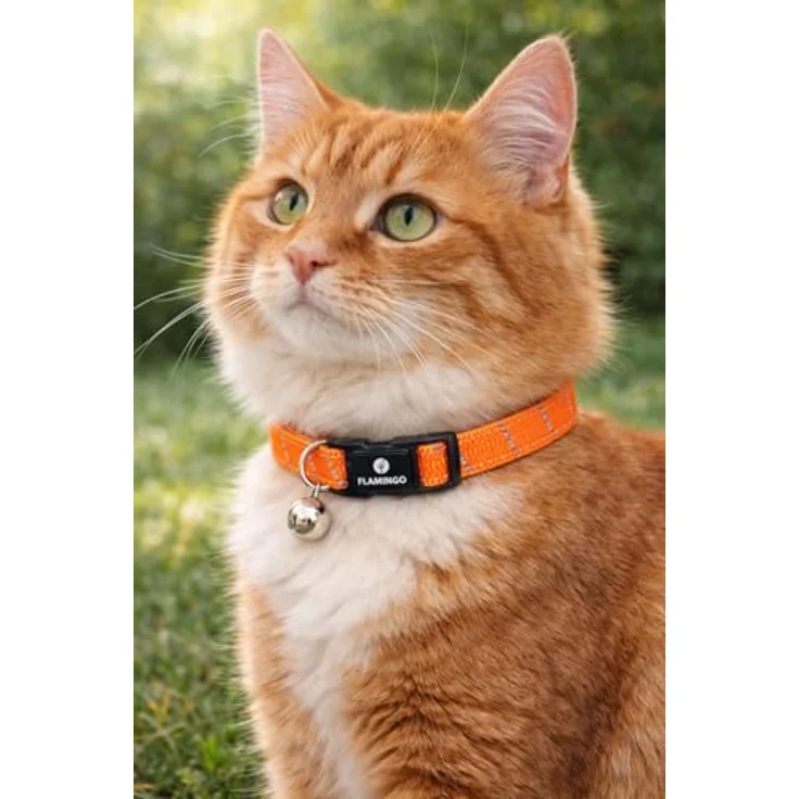 Flamingo Katzenhalsband Elza, reflektierendes Nylon mit Glöckchen, 20–34 cm, orange, elastisch – Bild 1