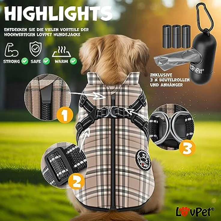 Lovpet LOVPET® Hundejacke mit Geschirr, gefütterte wasserdichte Winterweste, inkl. 45 Kotbeutel + Spender, gepolstert, mit Brustgurt, Reflektoren, D-Ring, 5XL, beige – Bild 4