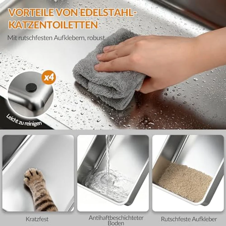 Fobyfurny XXL Edelstahl-Katzenklo mit Deckel, geschlossene Katzentoilette mit Schaufel und Fußstufe, herausnehmbar, 120° Klappdeckel, leicht zu reinigen, Dunkelgrau, FPLB001SG2 – Bild 3