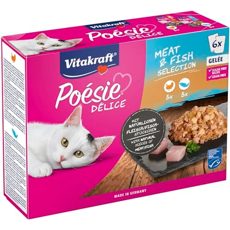 Vitakraft Poésie Délice, Meat and Fish Selection, Nassfutter Katze mit Putenbrust und Lachs, ohne Zucker und Getreide, 6x85g – Bild 1