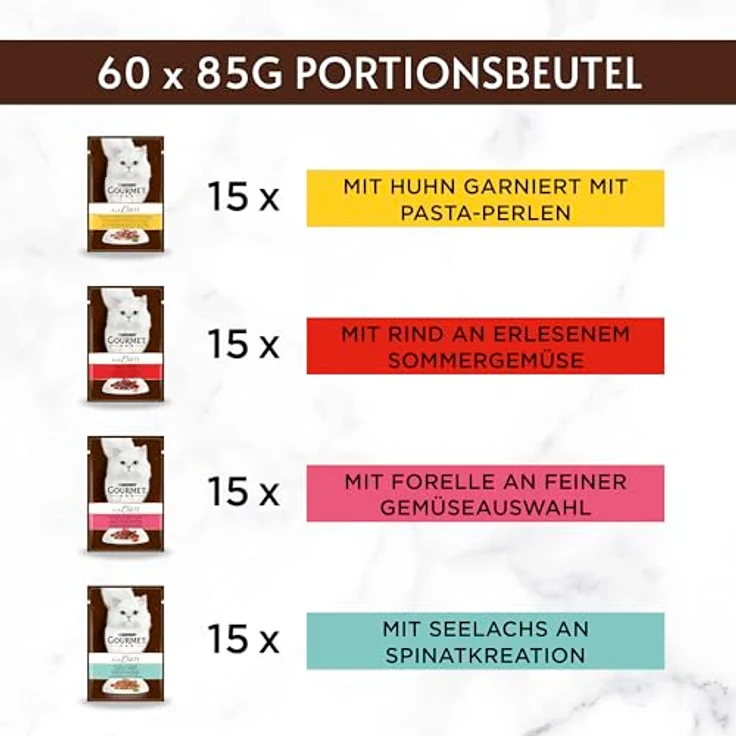 Gourmet A la Carte Katzenfutter nass, Sorten-Mix mit Huhn, Rind, Forelle und Seelachs, 60er Pack (60 x 85g), ohne künstliche Zusatzstoffe – Bild 2